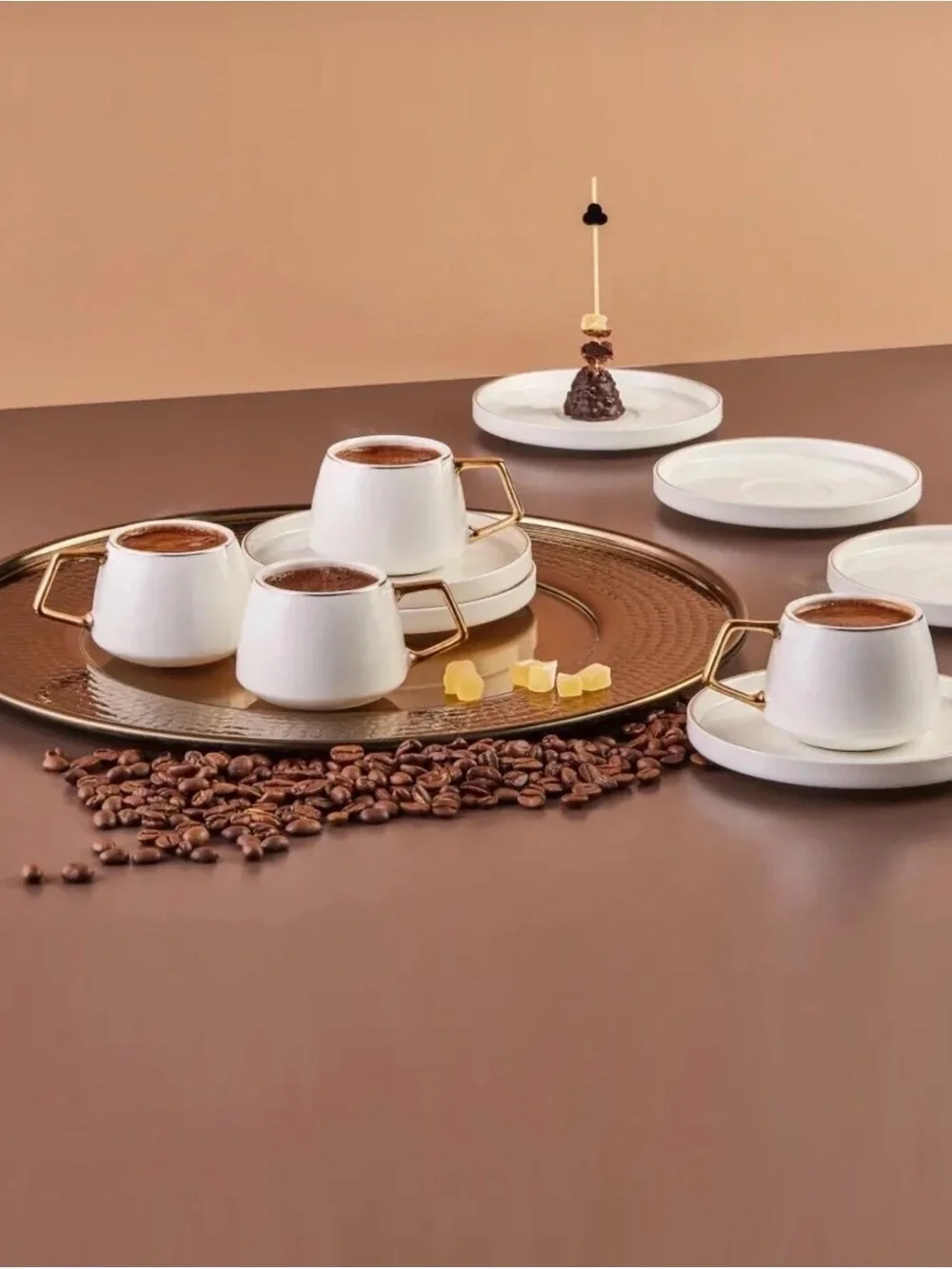 Elegant White porcelain Turkish Coffee Cup Set with Gold Handles Karaca espresso
